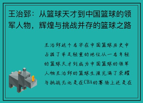 王治郅：从篮球天才到中国篮球的领军人物，辉煌与挑战并存的篮球之路
